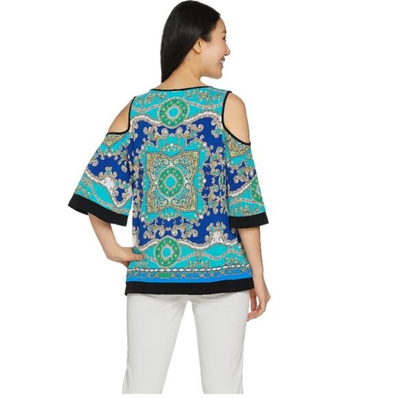 Susan Graver Size Small Liquid Knit Blue Green Yellow Printed Cold Shoulder Top - Picture 3 of 10